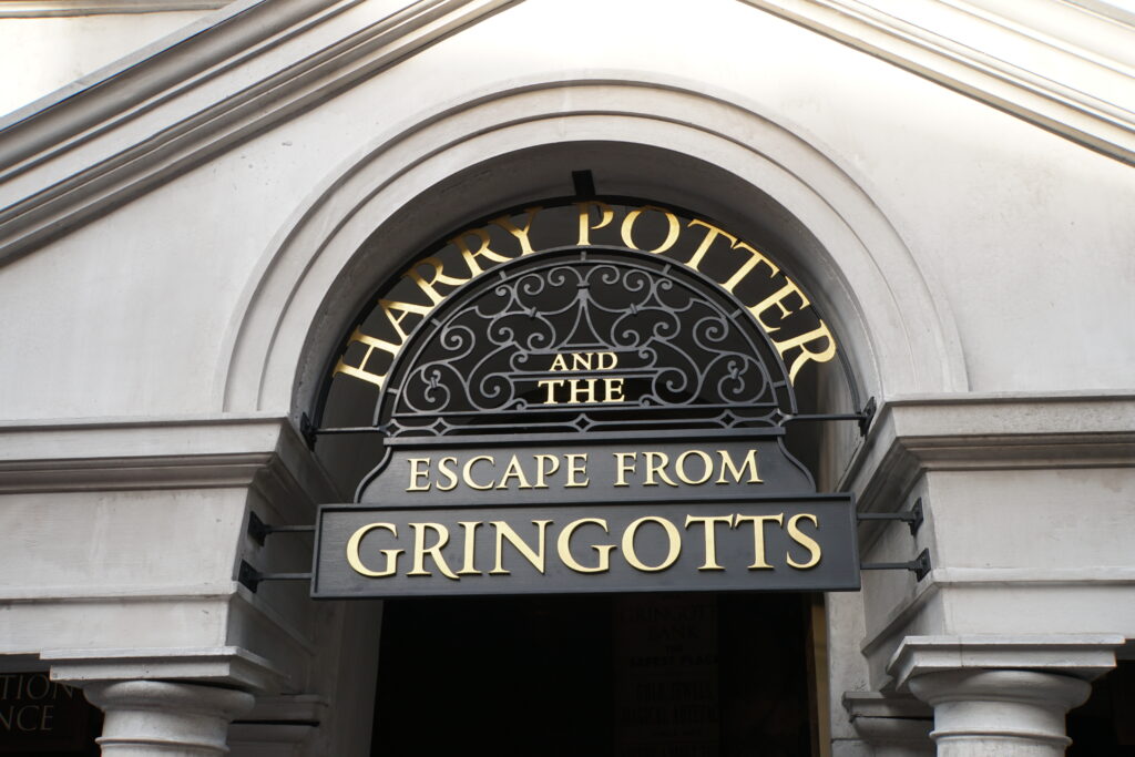 Entry sign for Harry Potter and the Escape from Gringotts ride in Universal Studios Florida at Universal Orlando