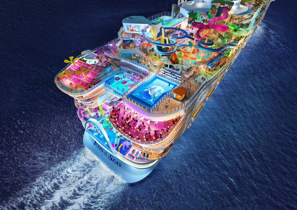 Brightly colored image of Royal Caribbean's new Icon of the Seas ship with overview of the deck