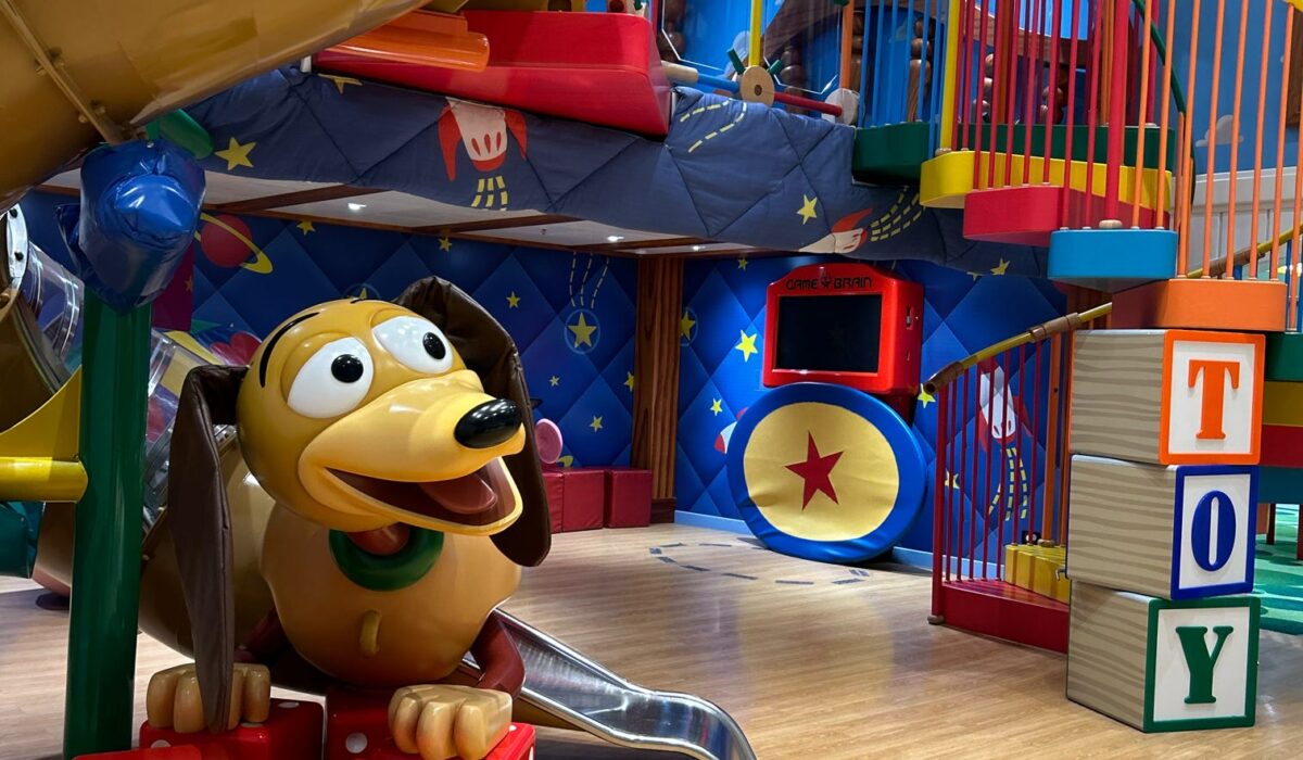 Toy Story themed slide in the Kids Club on the DCL Disney Magic ship