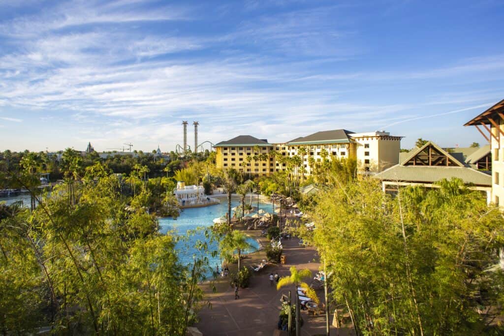 Pool and exterior of hotel at Universal Orlando Loews Royal Pacific Hotel