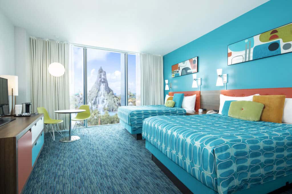 cabana bay hotel room at Universal with Volcano Bay park view