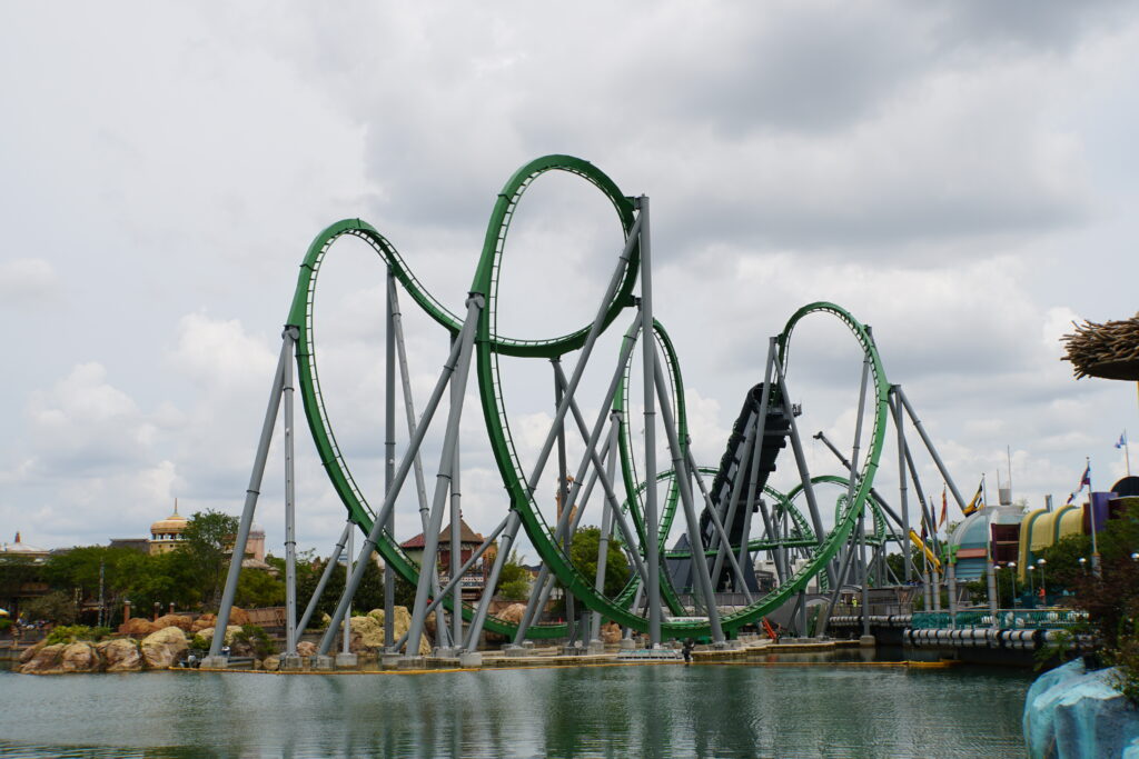 Wide view of the Hulk ride at Universal Islands of Adventure