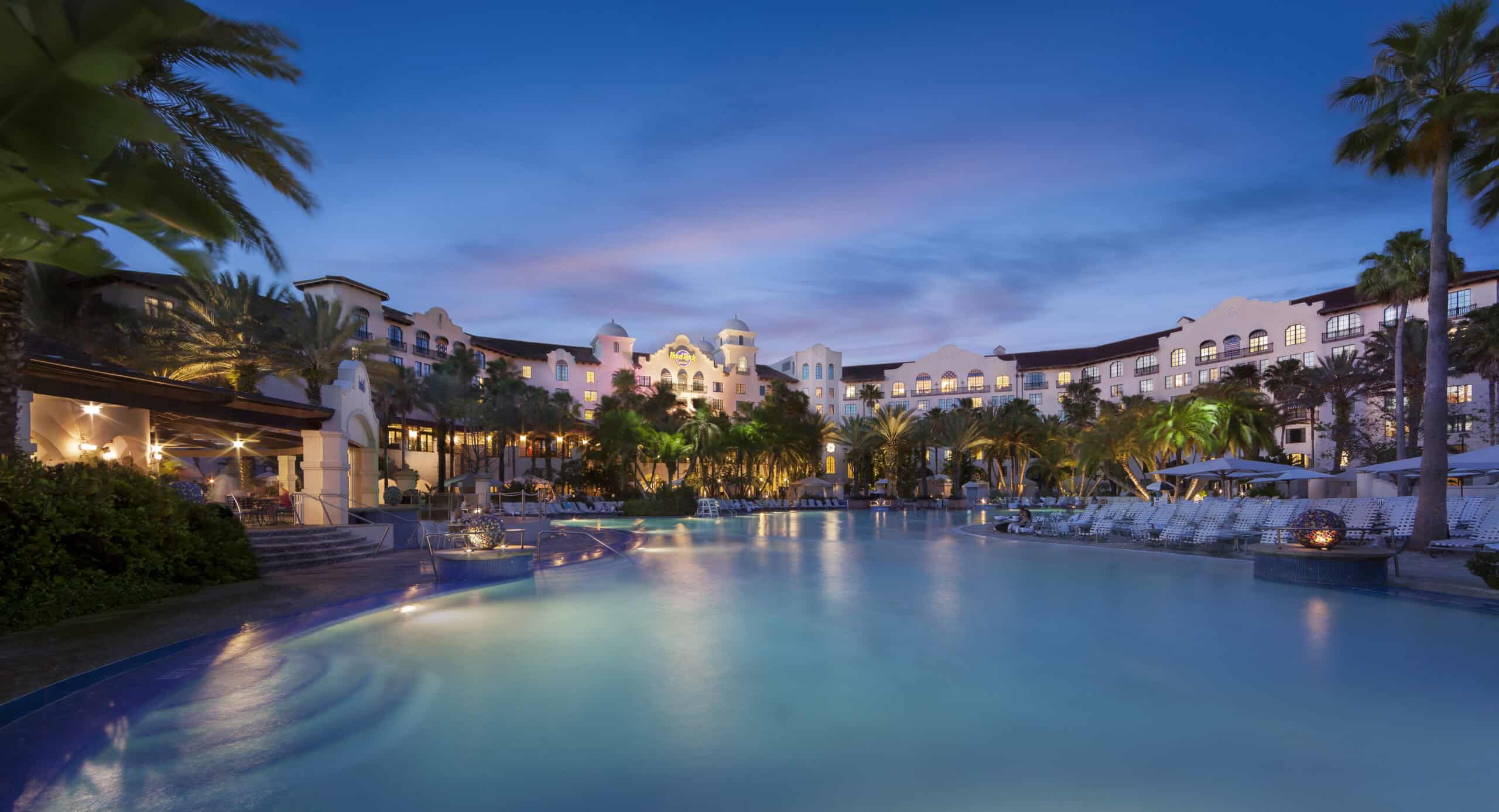 Hard Rock hotel in Universal Orlando pool at night