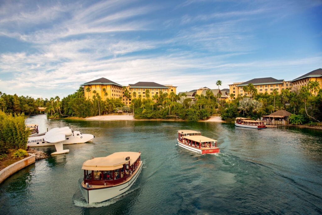 Water taxis operating on waterway in front of the Loews Royal Pacific Resort at Universal Orlando Resort