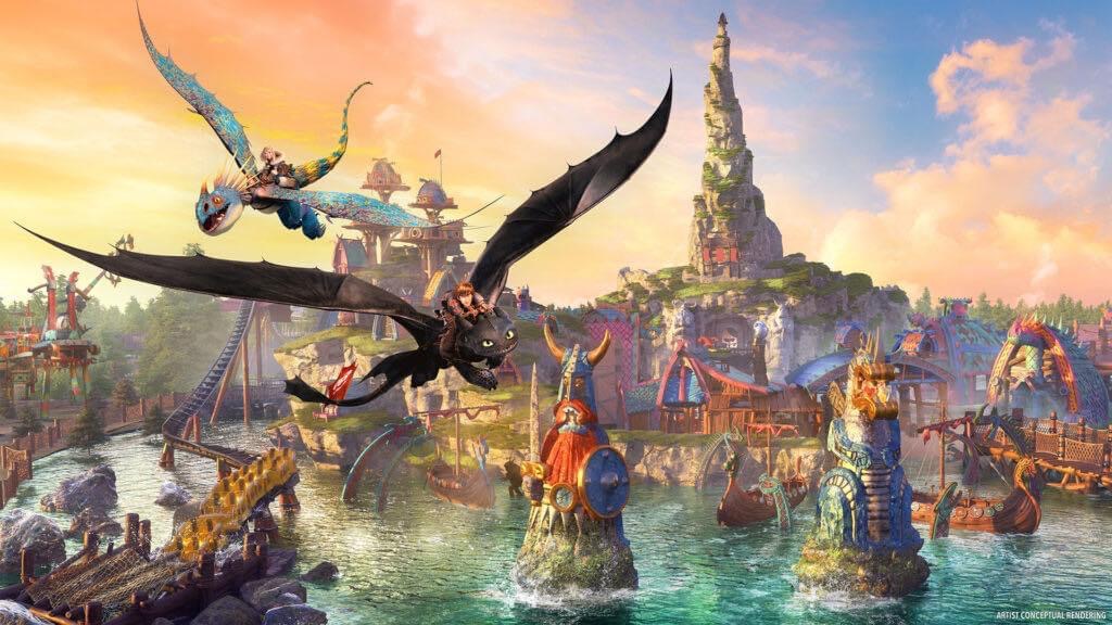 Toothless and Stormfly soar above berk in rendering for new How to Train Your Dragon Land at Universal Epic Universe