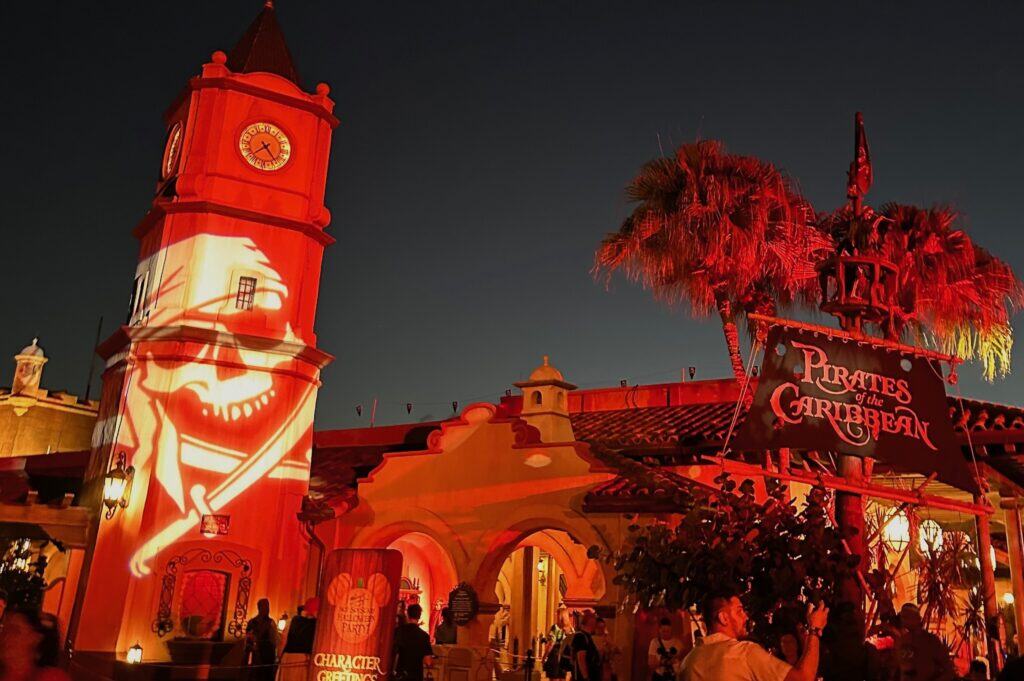 Spooky lighting and projection layover on the Pirates of the Caribbean ride during Mickeys Not So Scary Halloween Party at Disney World