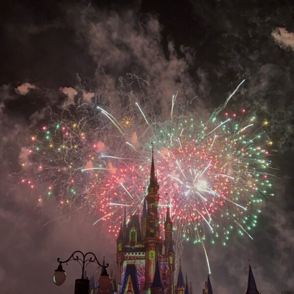 Mickey's Not So Scary Halloween Party fireworks show in Magic Kingdom behind Cinderella's Castle in Walt Disney World