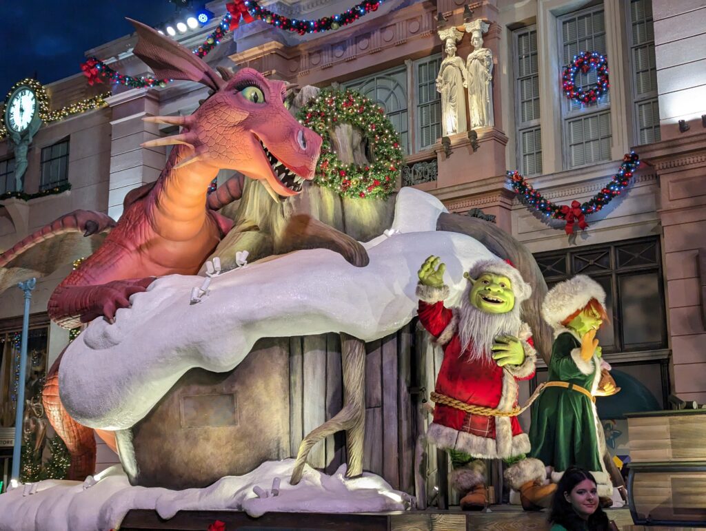 Shrek and Fiona on a float for Universal Orlando's Holiday Parade
