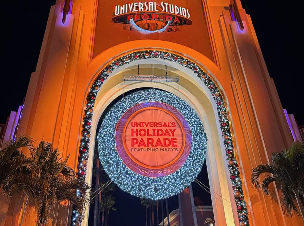 Entrance to Universal Studios Florida decorated for Christmas and holidays