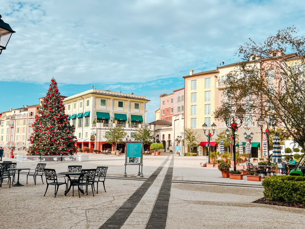 wide shot of Universal Portofino Bay Hotel with Christmas tree