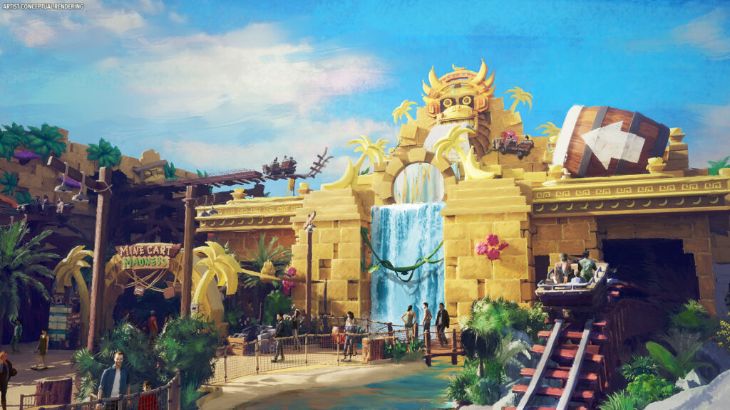 a theme park ride with a waterfall rendering