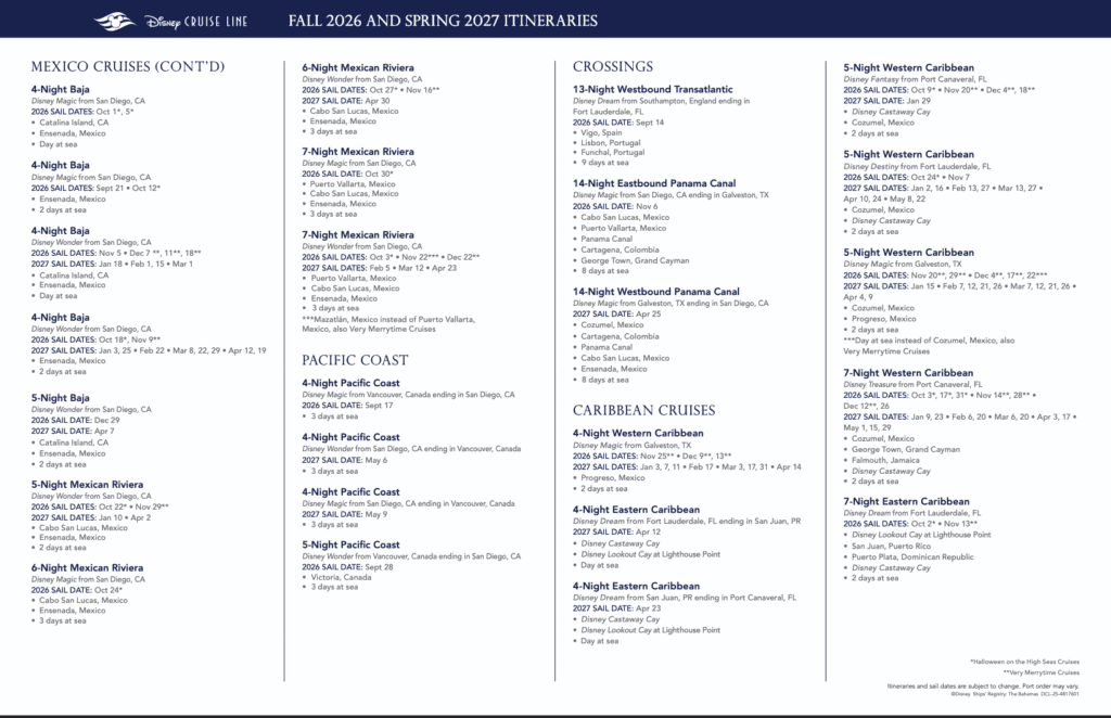 Page 2 of Disney Cruise Line Fall 2026 Itineraries Schedule