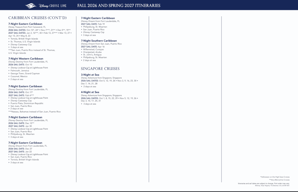 Page 3 of Disney Cruise Line Fall 2026 Itineraries Schedule
