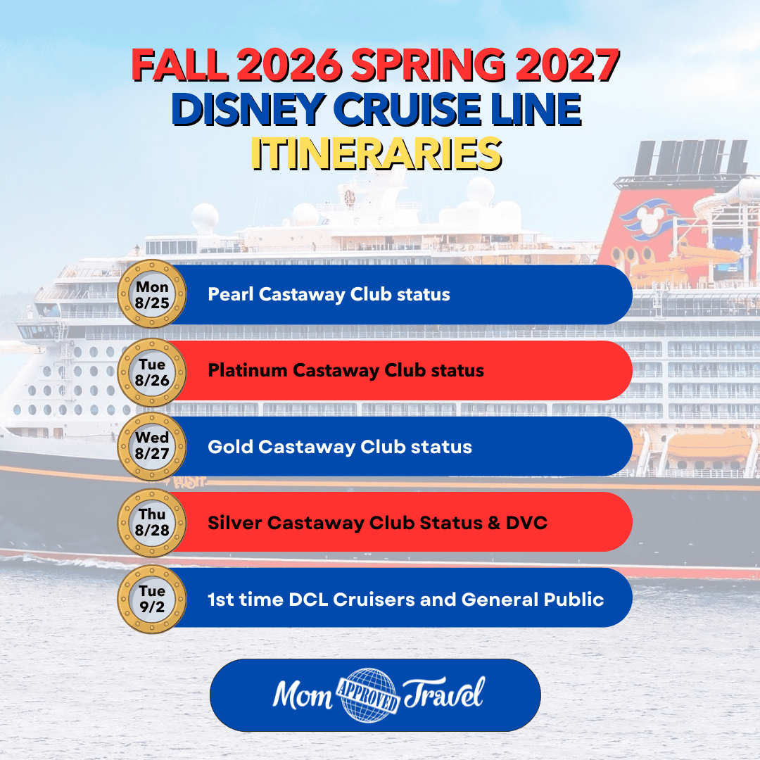 Infographic showing the release of Fall 2026 and Spring 2027 Disney Cruise Line Itineraries beginning September 2nd for general public