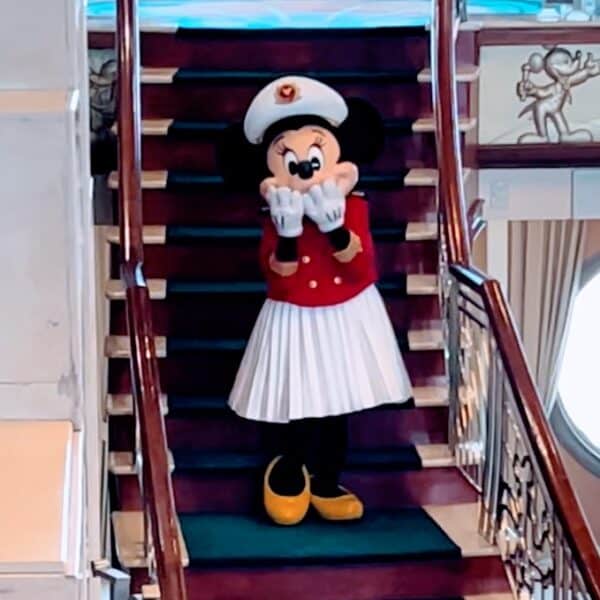 Captain Minnie on stair of a Disney Cruise Ship in Galveston