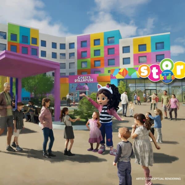 Rendering of the Isle of Curiosity, the central hub Universal Kids Park in Plano Texas where Gabby's Dollhouse characters meet with kids