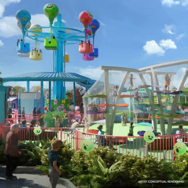 Rendering of attractions and area of Dreamworks Trollfest at Universal Kids Park